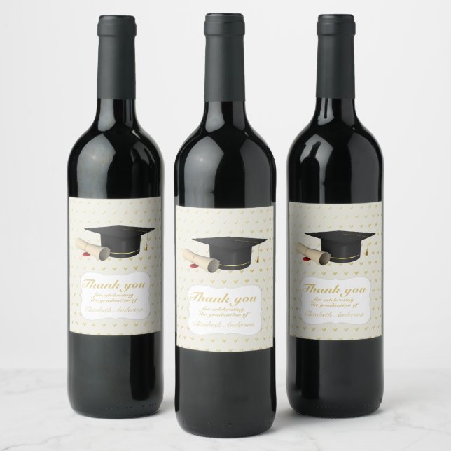 Fancy Gold Foil Graduation Cap Degree Thank You Wine Label (Bottles)