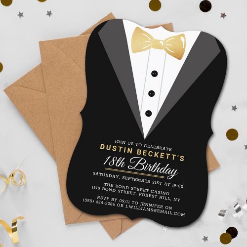 Fancy Gold Foil Tuxedo 18th Birthday Invitation