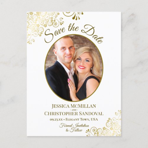 Fancy Gold Frills Wedding Save the Date Oval Photo Announcement Postcard
