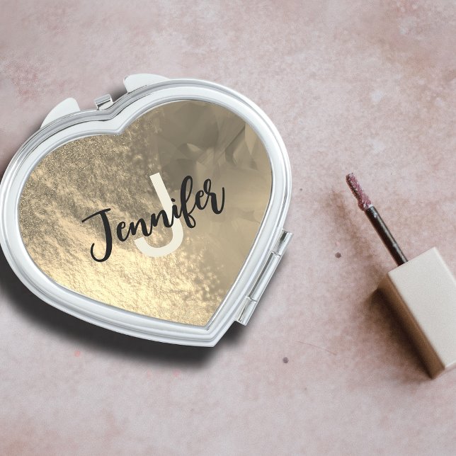 Fancy Gold Glitter Geometric Crystal Heart Shaped Compact Mirror (Creator Uploaded)