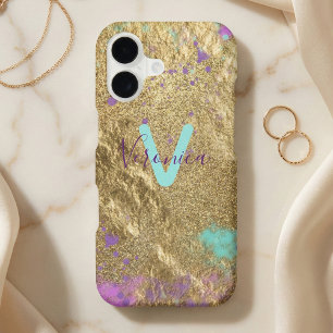 Fancy Gold Glitter Metallic Paint Splatter Name iPhone 17 Case