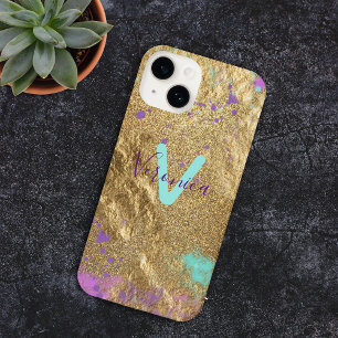 Fancy Gold Glitter Metallic Paint Splatter Name iPhone 14 Case