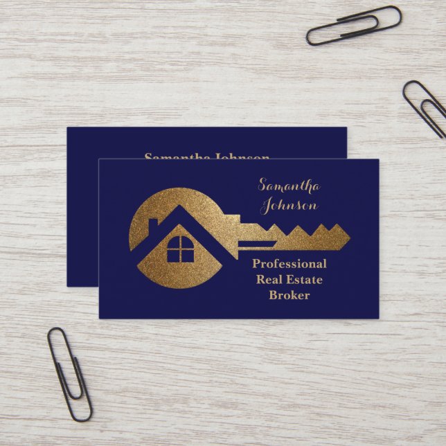 Fancy Gold Key Real Estate Broker Business Card (Front/Back In Situ)