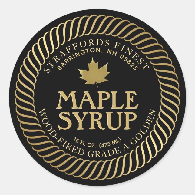 Fancy Gold Leaf and Border Maple Syrup Editable  Classic Round Sticker (Front)
