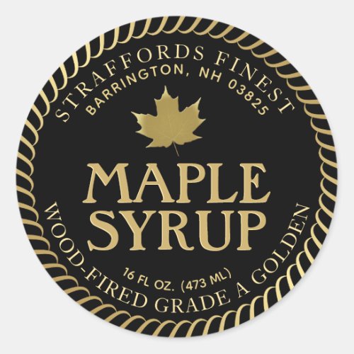 Fancy Gold Leaf and Border Maple Syrup Editable  Classic Round Sticker