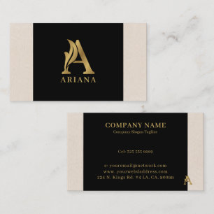 Fancy Gold Letter A Monogram On black and linen Business Card