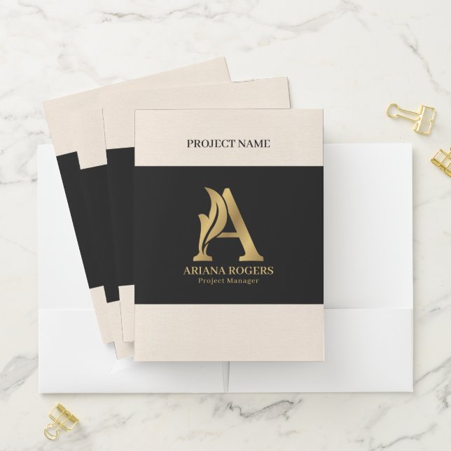 Fancy Gold Letter A Monogram On black and linen Pocket Folder (In Situ)