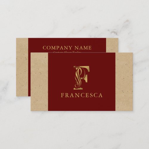 Fancy Gold Letter F Monogram On Red and Cardboard  Business Card