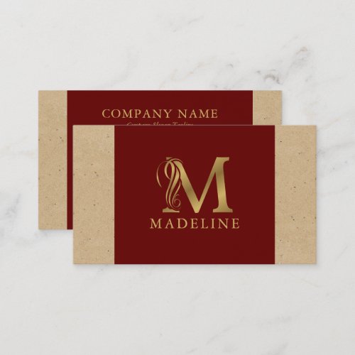 Fancy Gold Letter M Monogram On Red and Cardboard Business Card