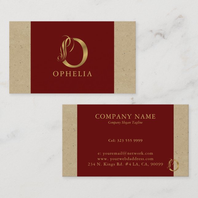 Fancy Gold Letter O Monogram On Red and Cardboard Business Card (Front/Back)