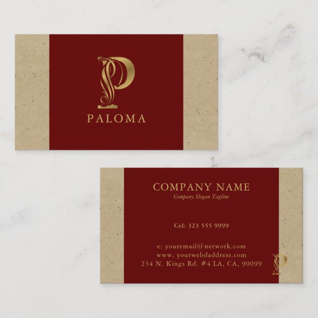 Fancy Gold Letter P Monogram On Red and Cardboard Business Card (Front/Back)