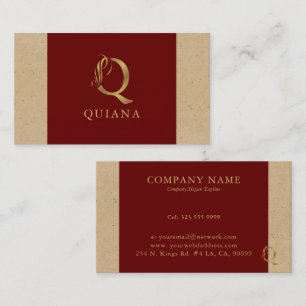Fancy Gold Letter Q Monogram On Red and Cardboard Business Card