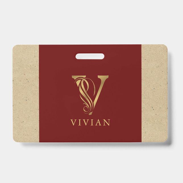 Fancy Gold Letter V Monogram On Red and Cardboard Badge (Front)