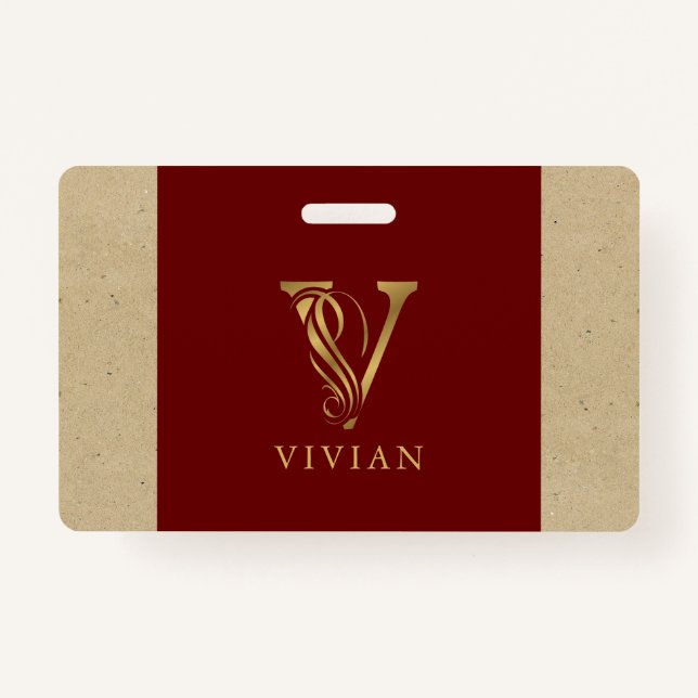 Fancy Gold Letter V Monogram On Red and Cardboard Badge (Front)