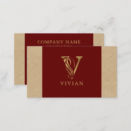Fancy Gold Letter V Monogram On Red and Cardboard Business Card