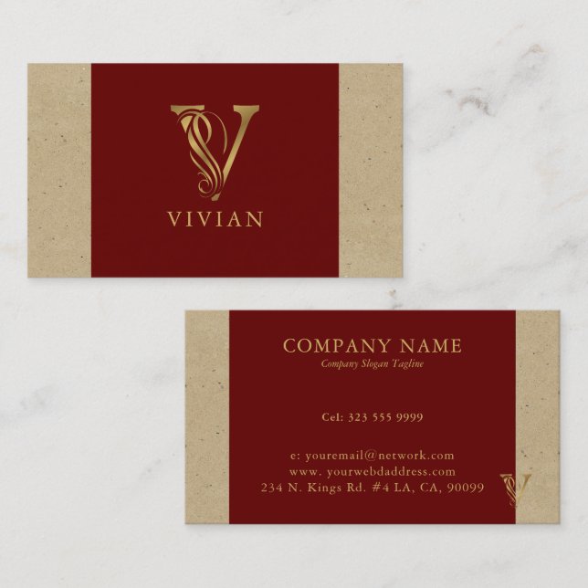 Fancy Gold Letter V Monogram On Red and Cardboard Business Card (Front/Back)