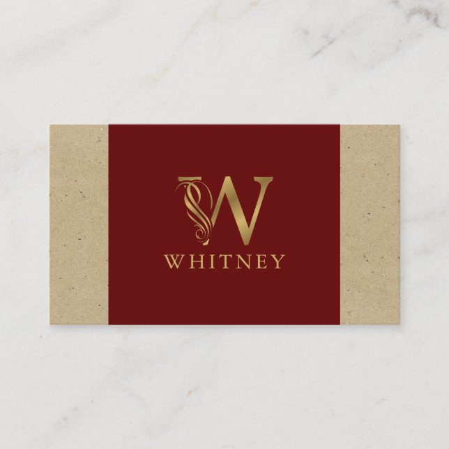 Fancy Gold Letter W Monogram On Red and Cardboard Business Card (Front)