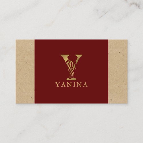 Fancy Gold Letter Y On Red and Beige Linen Business Card