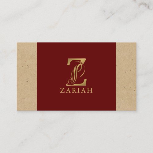 Fancy Gold Letter Z On Red and Beige Linen Business Card