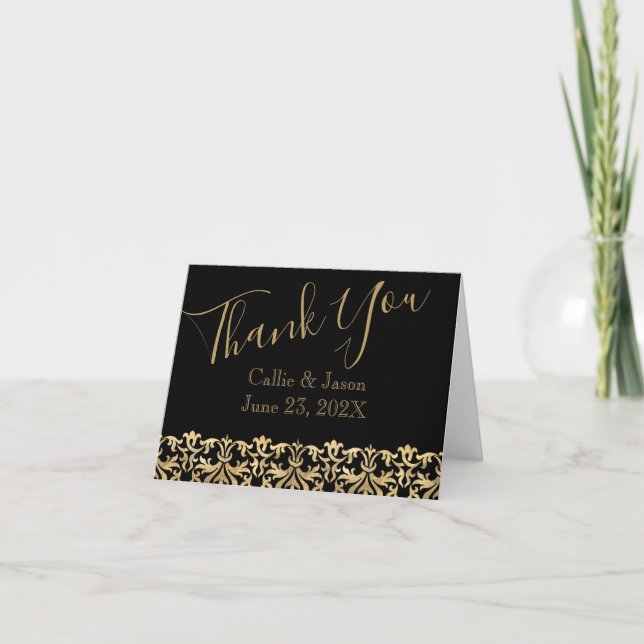 Fancy Gold Lettering on Black Thank You Card (Front)