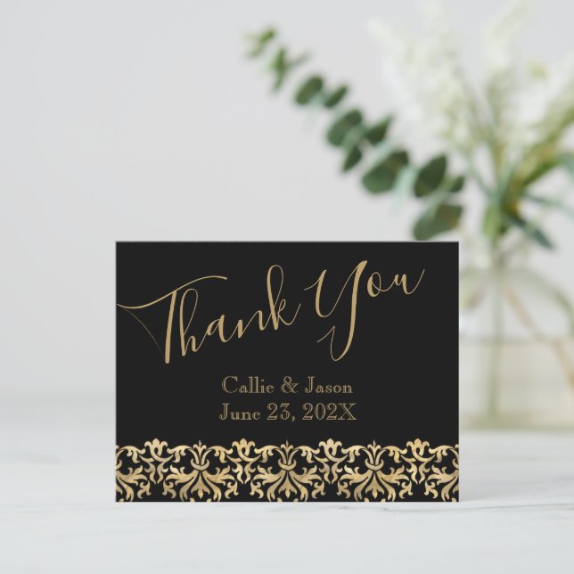 Fancy Gold Lettering on Black Thank You Card (Standing Front)