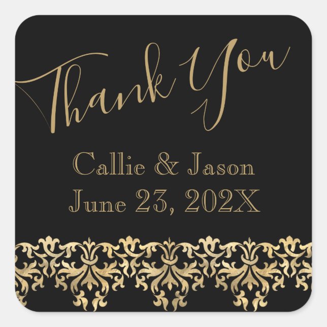 Fancy Gold Lettering on Black Thank You  Square Sticker (Front)