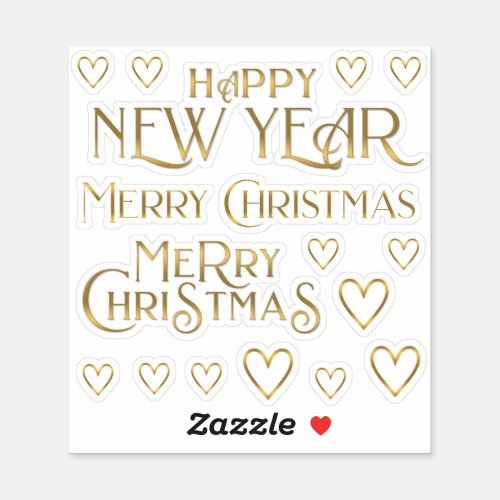 Fancy Gold Merry Christmas Happy New Year  Hearts Sticker