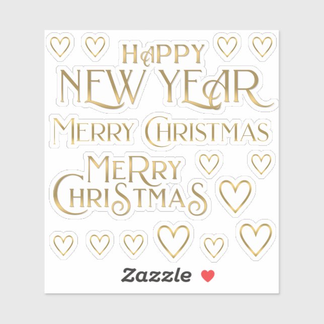 Fancy Gold Merry Christmas Happy New Year & Hearts Sticker (Sheet)