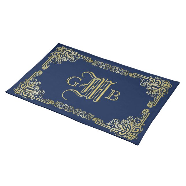 Fancy Gold Monogram Choose Your Background Color Cloth Placemat (On Table)