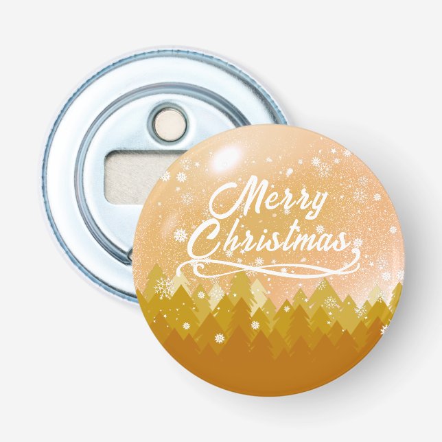 Fancy Gold Peaceful Snow Forest Merry Christmas Bottle Opener (Front)