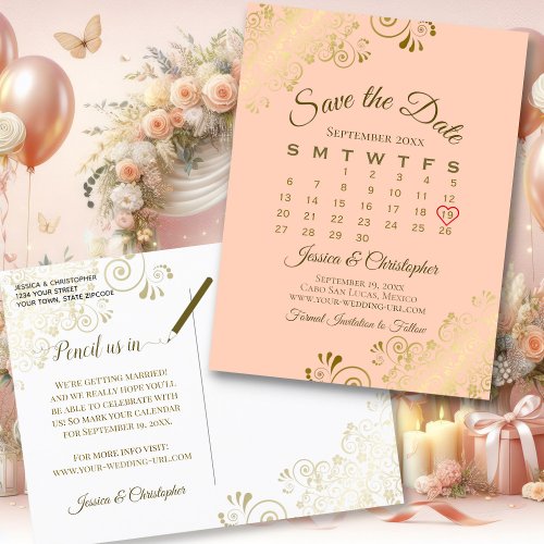 Fancy Gold  Peach Wedding Save the Date Calendar Announcement Postcard