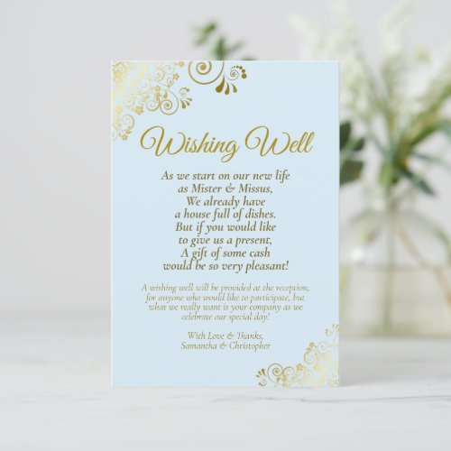 Fancy Gold  Powder Blue Wedding Wishing Well Poem Enclosure Card