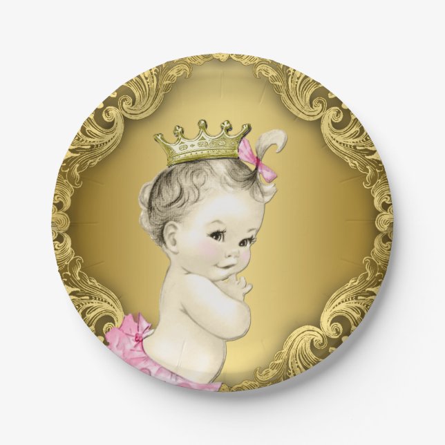 Fancy Gold Princess Baby Shower Paper Plates (Front)