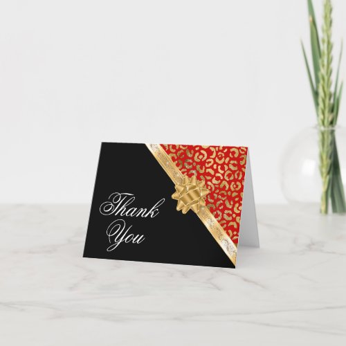 Fancy Gold Ribbon and Bow Red Leopard Glam Black Thank You Card