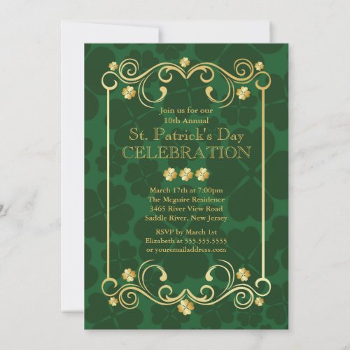 Fancy Gold Shamrock St Patricks Party Invitation