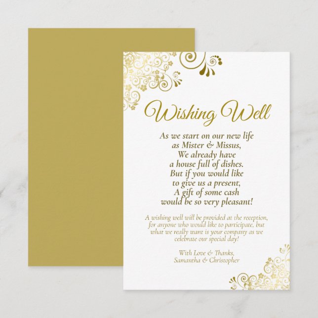 Fancy Gold & White Wedding Wishing Well Poem Enclosure Card (Front/Back)