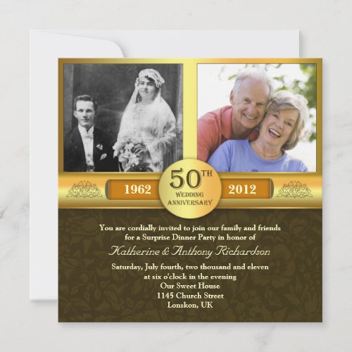 fancy golden 50 anniversary photo invitations