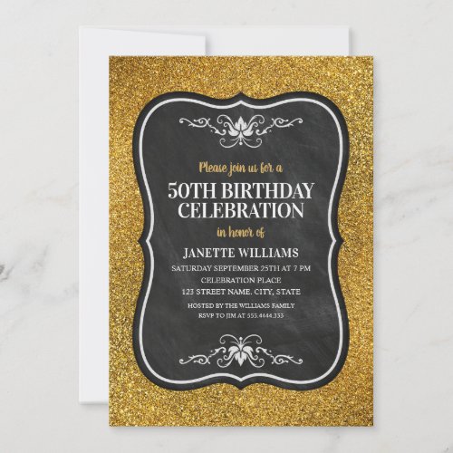 Fancy Golden Glitter Adult 50th Birthday Party Invitation