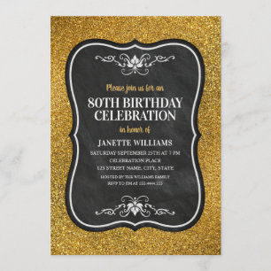 Fancy Golden Glitter Adult 80th Birthday Party Invitation