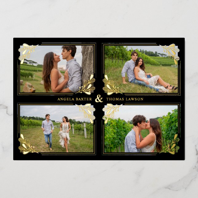 Fancy Golden Minimalist Branches Frame 4 Photos Foil Invitation (Front)