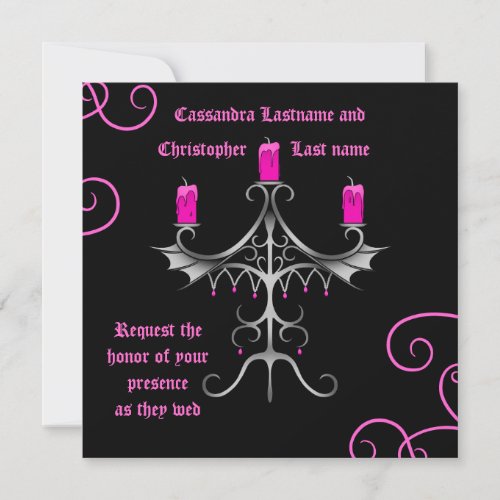 Fancy Gothic candelabra hot pink on black bridal Invitation