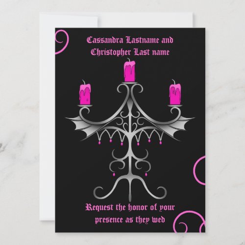 Fancy Gothic candelabra hot pink on black wedding Invitation