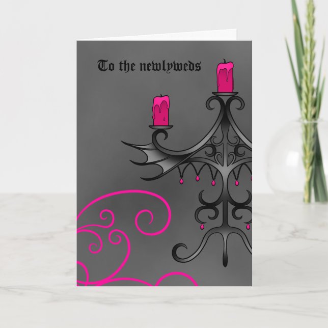 Fancy Gothic candelabra in pink on gray newly weds Card (Front)