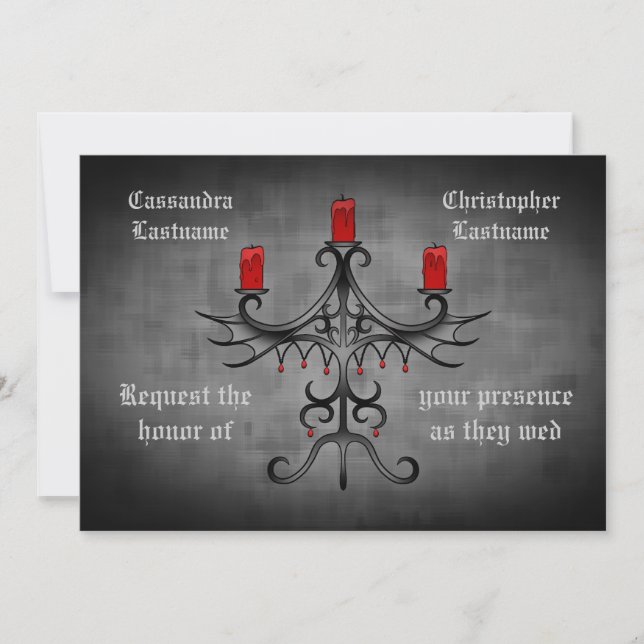 Fancy Gothic candelabra on gray spooky wedding Invitation (Front)