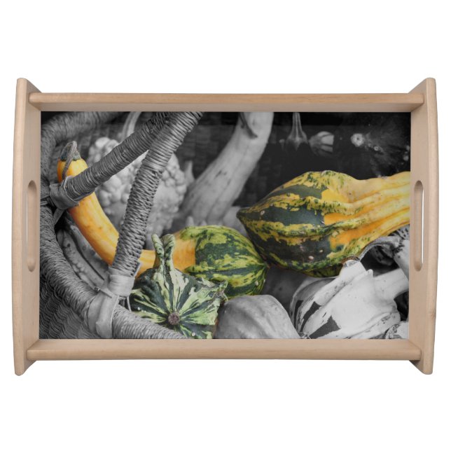 Fancy Gourds In Wicker Basket Partial Color Serving Tray (Front)