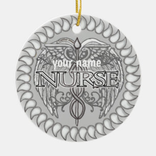 Fancy gray caduceus nurse  ceramic ornament