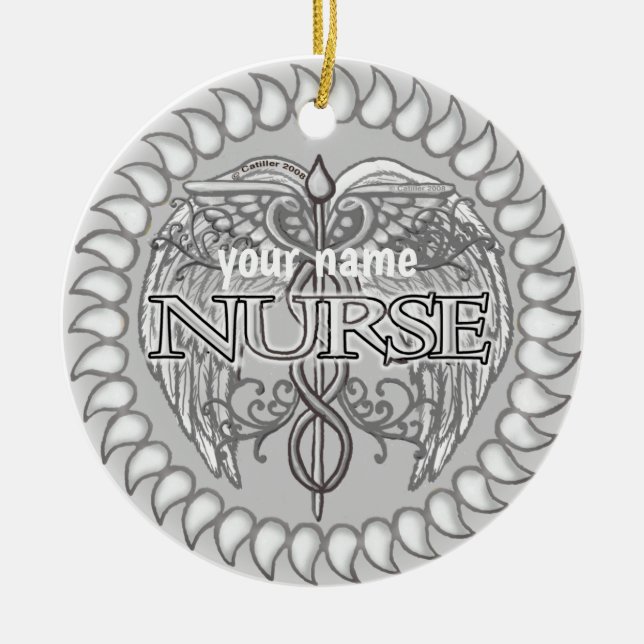 Fancy gray caduceus nurse  ceramic ornament (Front)