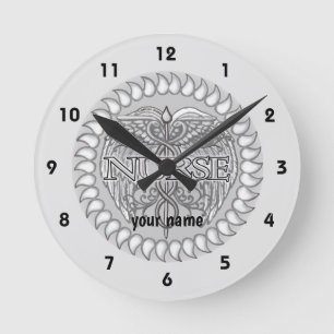 Fancy gray caduceus nurse round clock