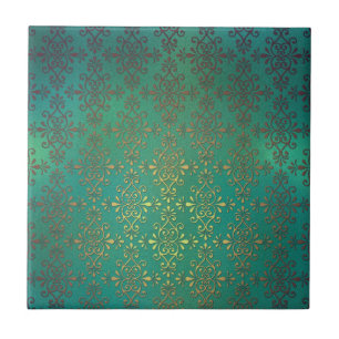 Fancy Green and Gold Damask Ceramic Tile