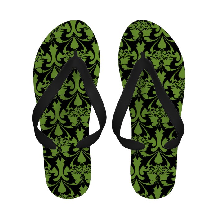 Fancy Green Black Damask Flip Flops